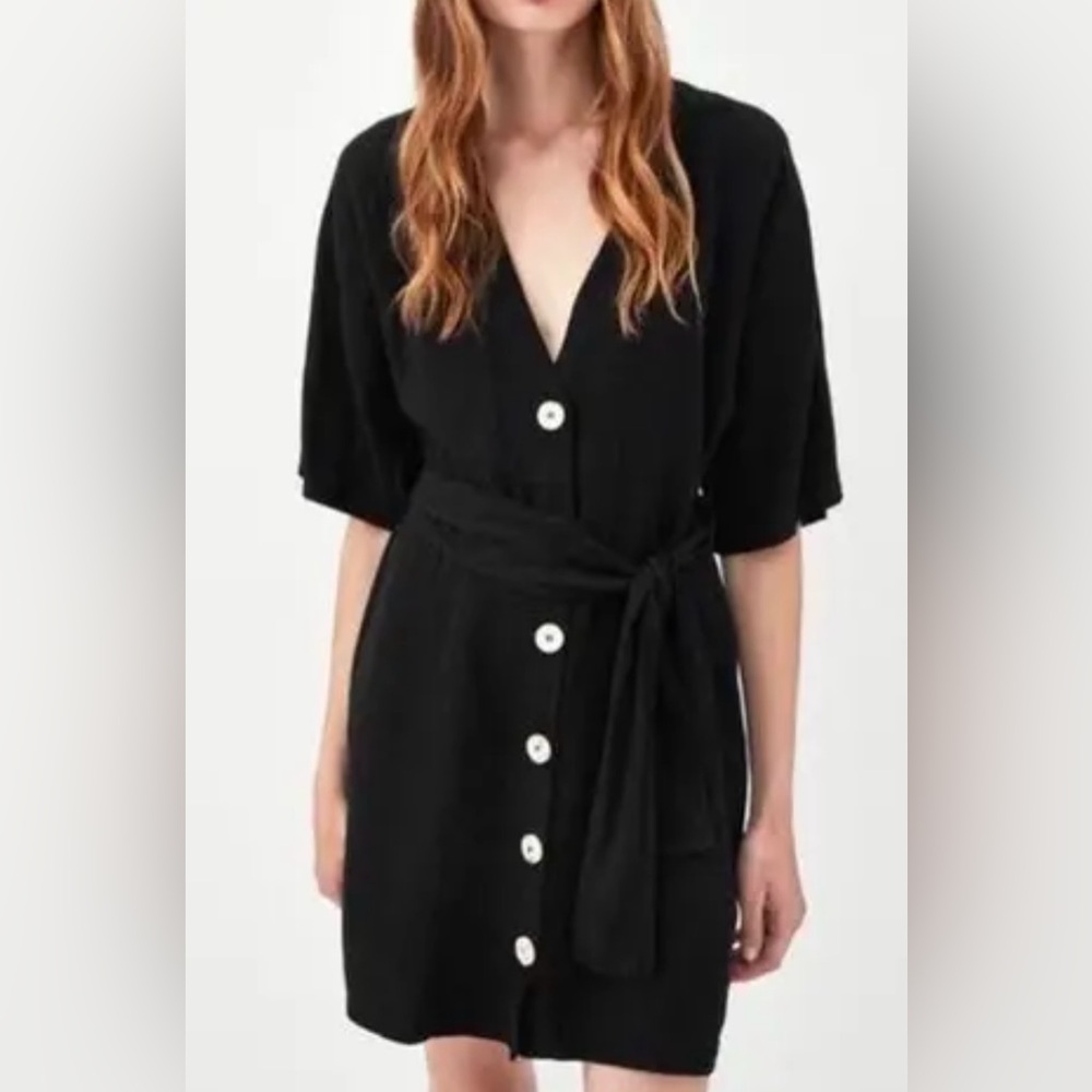 ZARA trf Collection Black Linen Blend Button Down Dress Size Small